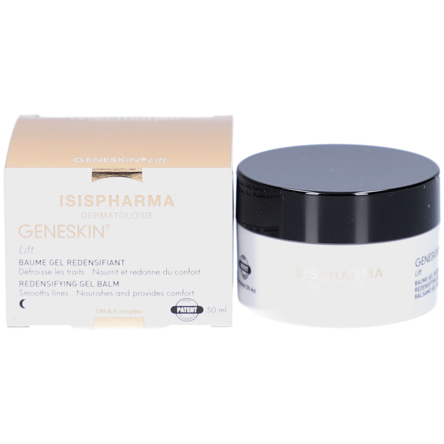 Crèmepot en doos. Opschrift: GENESKIN Lift, ISISPHARMA, 50 ml.