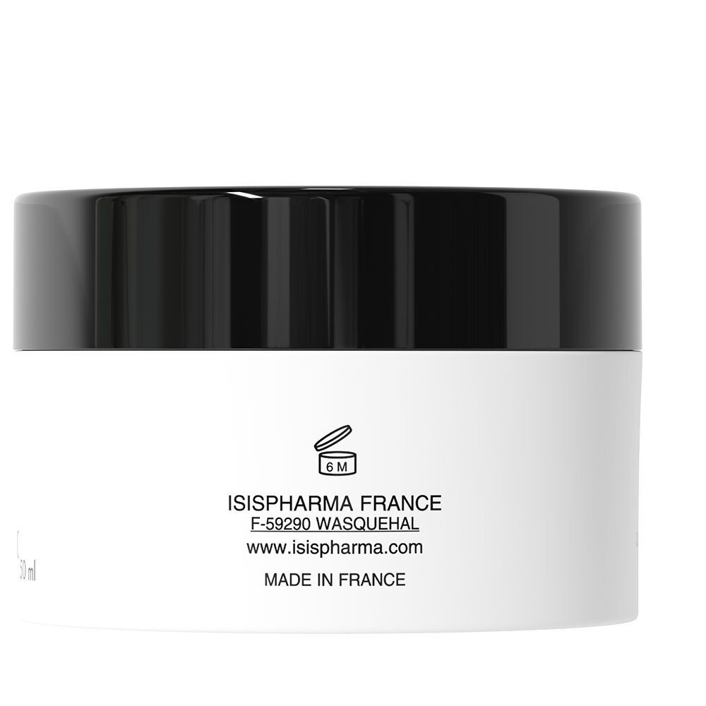 Crèmepot met zwarte deksel. Opschrift: ISISPHARMA FRANCE, www.isispharma.com, 6M.