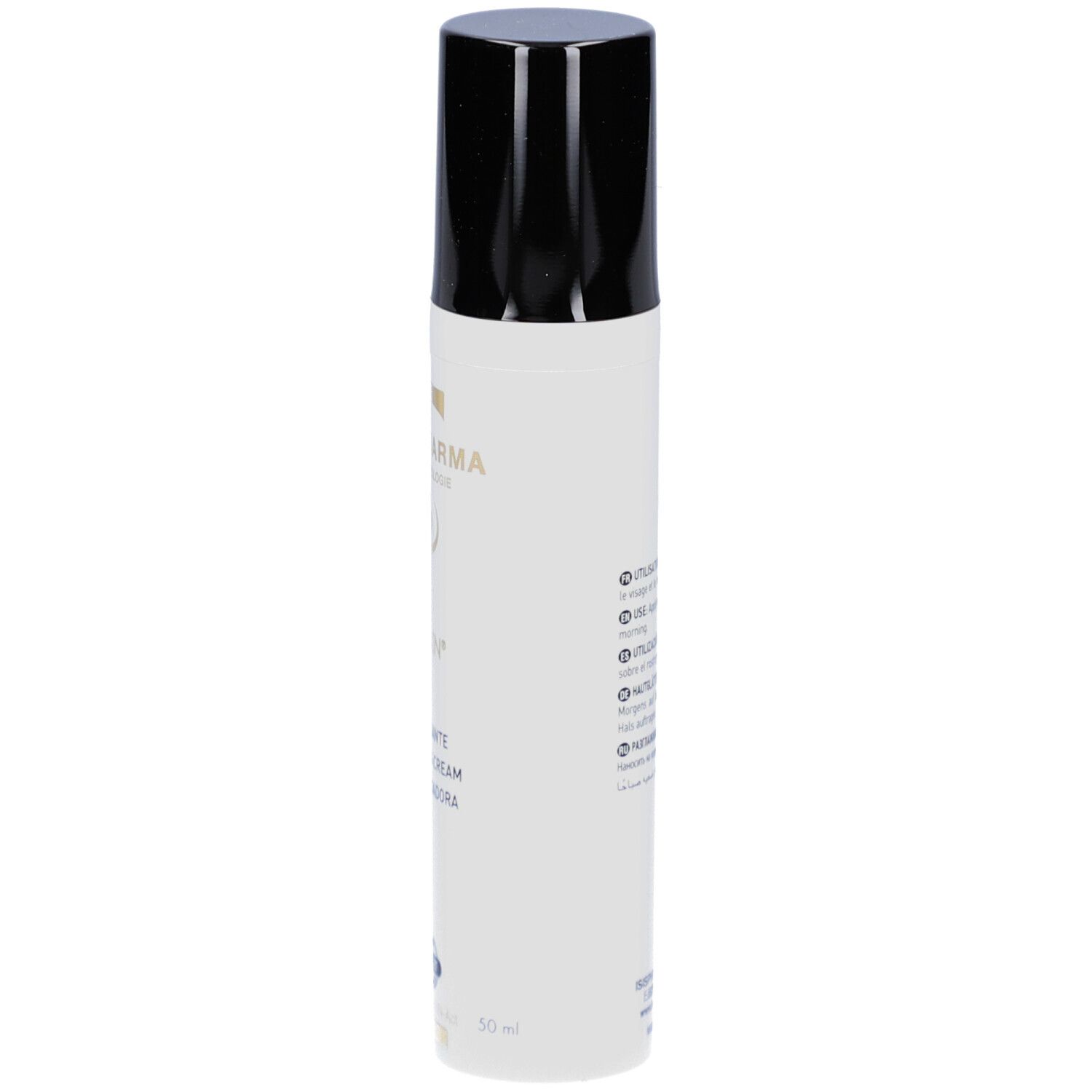 Witte tube met zwarte dop. Opschrift: ISISPHARMA, GENESKIN Lift, Crème lissante, Smoothing Cream, Crema alisadora.