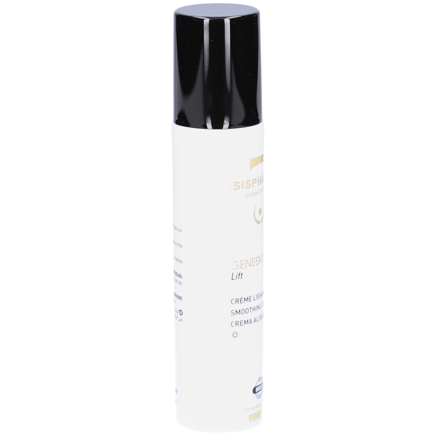 Witte tube met zwarte dop. Achterkant met tekst in meerdere talen. ISISPHARMA, France, www.isispharma.com.