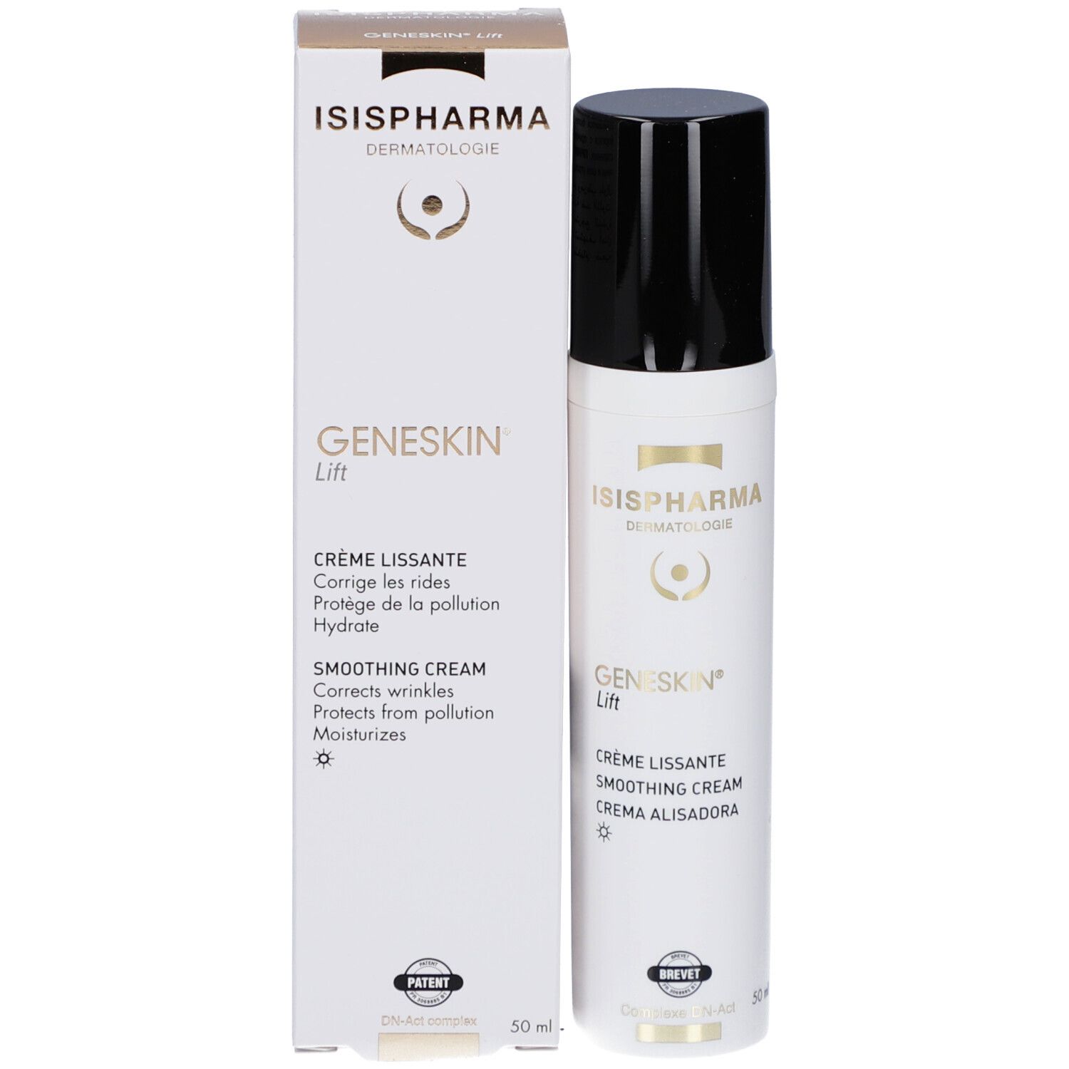 Verpakking en tube. Witte tube met zwarte dop. Opschrift: ISISPHARMA, GENESKIN Lift, Crème lissante.