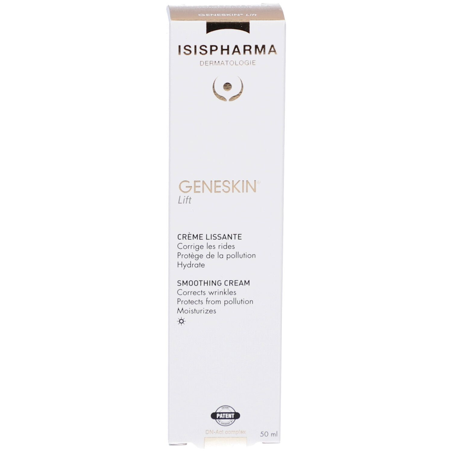 Verpakking. Opschrift: ISISPHARMA, GENESKIN Lift, Crème lissante, Corrigé les rides, Protège de la pollution, Hydrate.