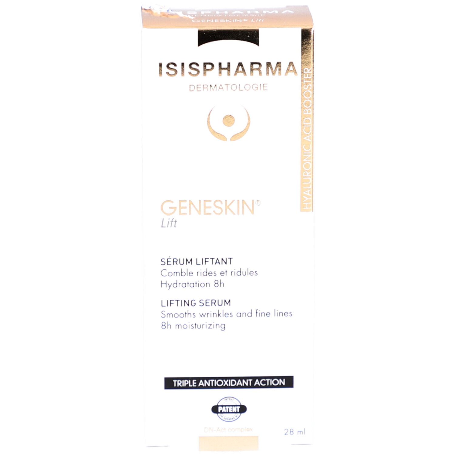 Productverpakking. Opschrift: Geneskin Lift, Lifting Serum. Merk: ISISPHARMA. Met pipet.