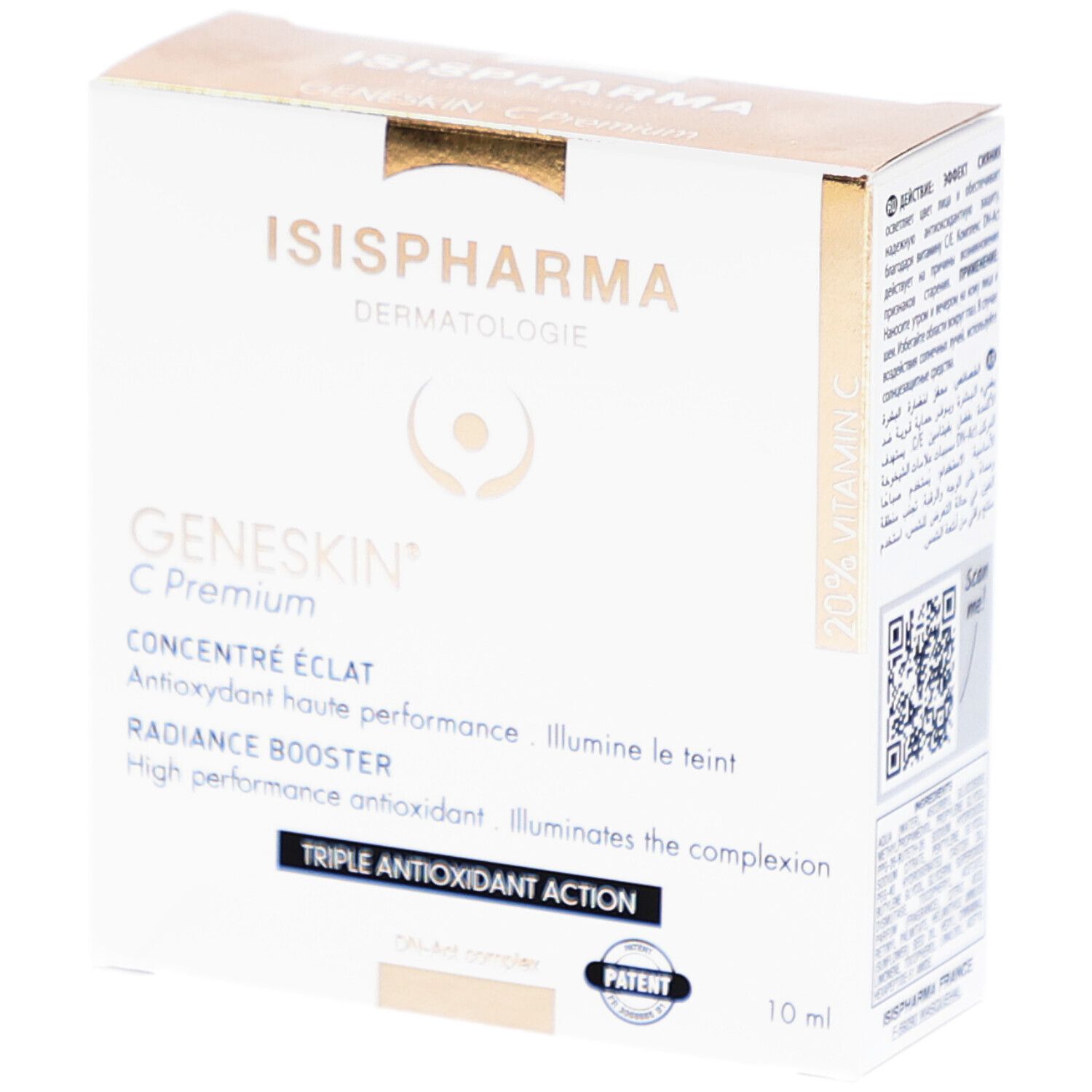 Witte doos met productinformatie. Merk en productnaam gedrukt. 10 ml.