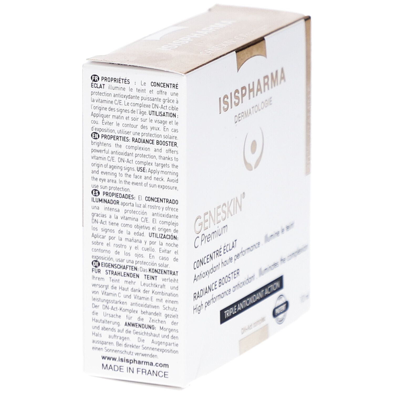 Doos met productinformatie. Merk en productnaam gedrukt. Patentlogo.