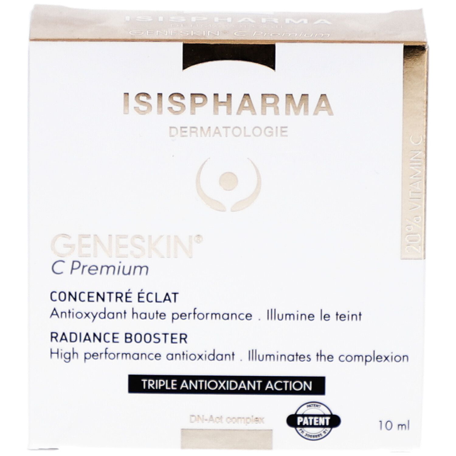 Witte doos met productinfo. Merk en naam gedrukt. Patentlogo.