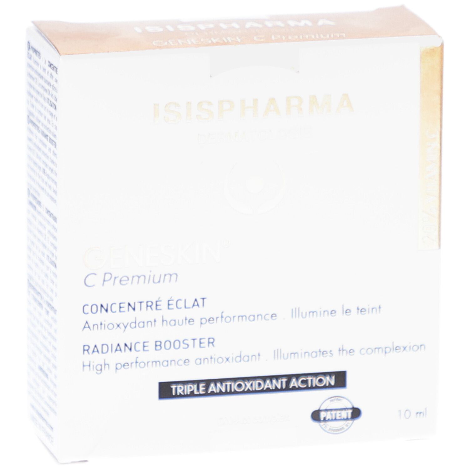 Witte doos met productinfo. Merk en naam gedrukt. 10 ml.