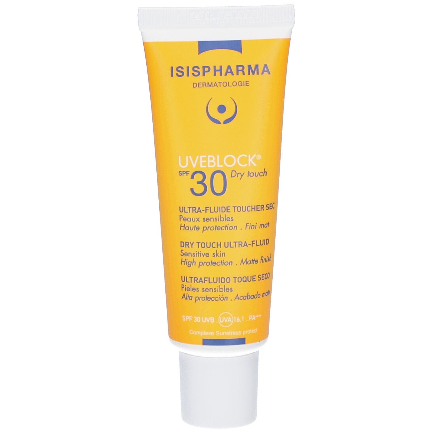 Gele tube ISISPHARMA Uveblock SPF 30. Tekst: Dry touch, Ultra-fluide, Gevoelige huid. Witte dop.