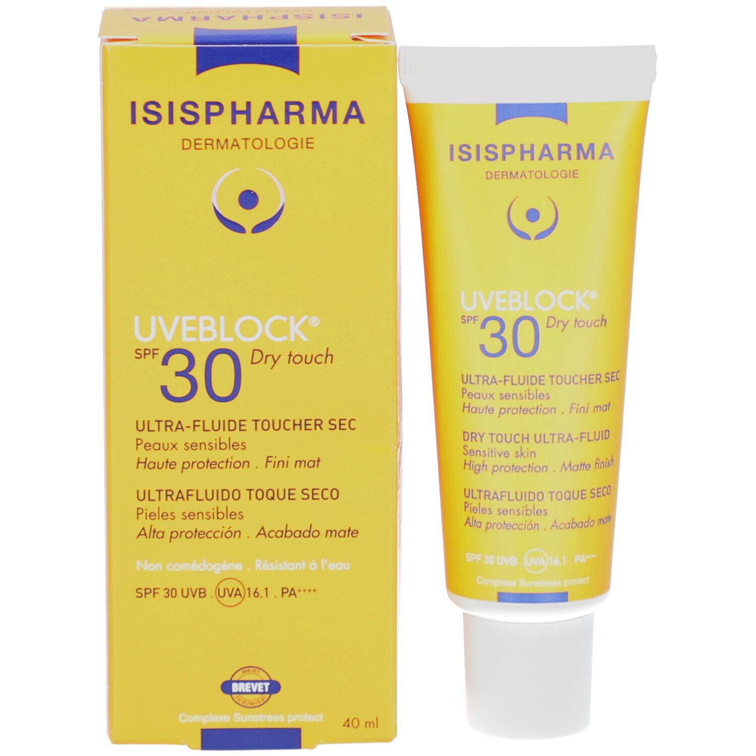 Productverpakking: tube en doos ISISPHARMA Uveblock SPF 30. Geel, tekst: Dry touch, Ultra-fluide.