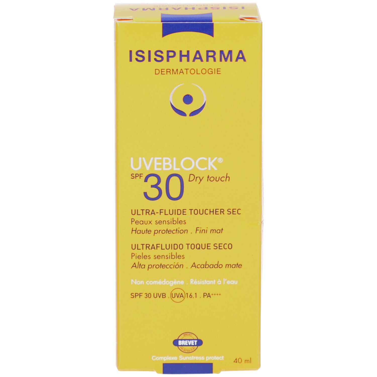 Voorkant van de doos ISISPHARMA Uveblock SPF 30. Geel, tekst: Dry touch, Ultra-fluide, SPF 30.