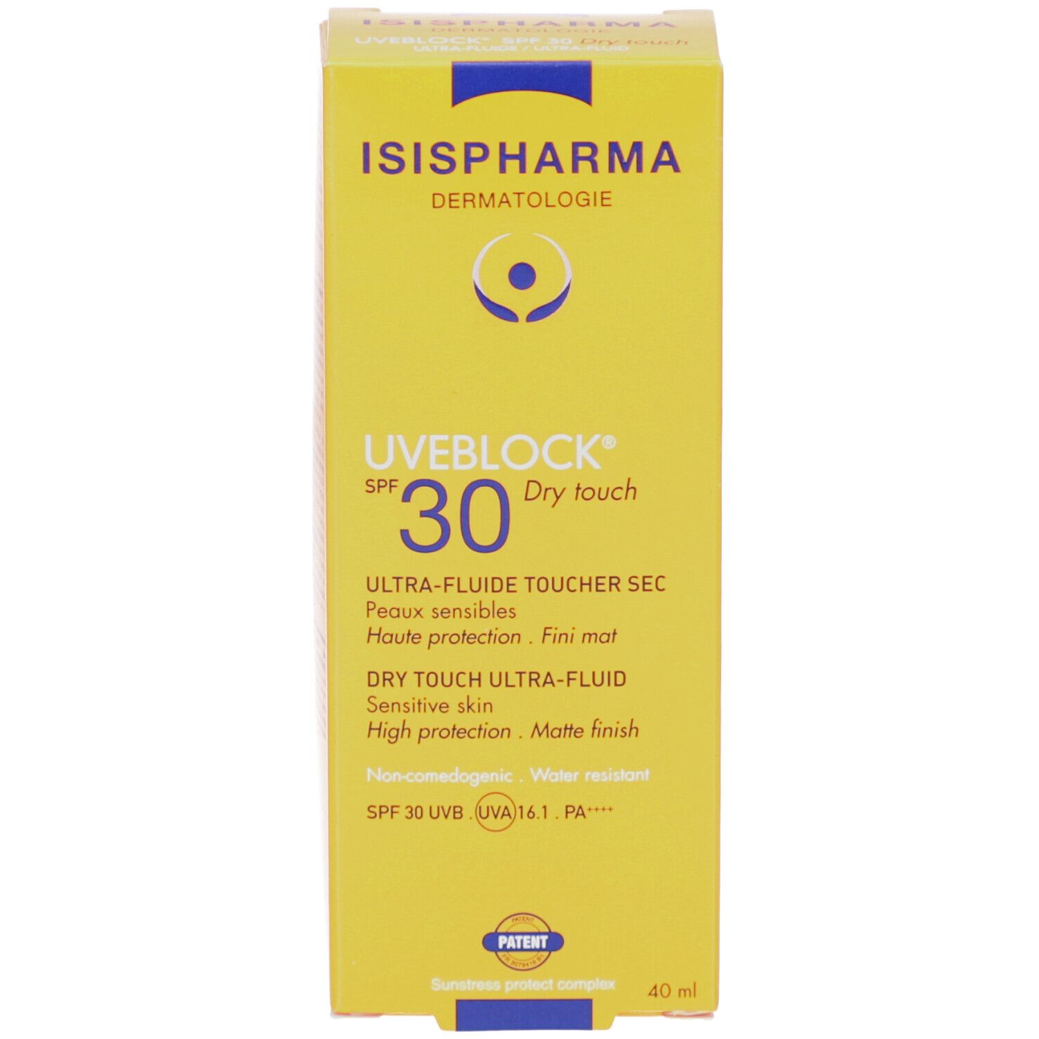 Voorkant van de doos ISISPHARMA Uveblock SPF 30. Geel, tekst: Dry touch, Ultra-fluide, SPF 30.