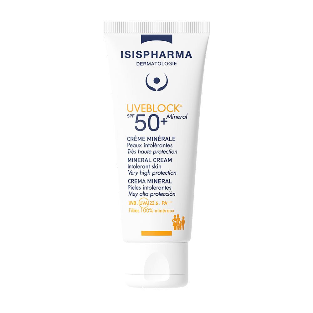 Witte tube met ISISPHARMA-logo en UVEBLOCK SPF 50+ Mineral. Meertalige tekst. Minerale crème. Schroefdop.