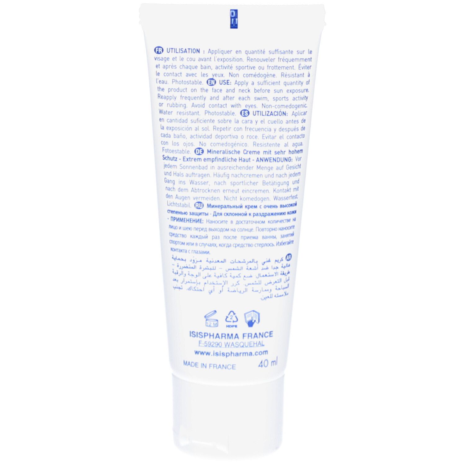 Achterkant van de witte tube. Meertalige tekst. Gebruiks- en ingrediënteninformatie. 40 ml.