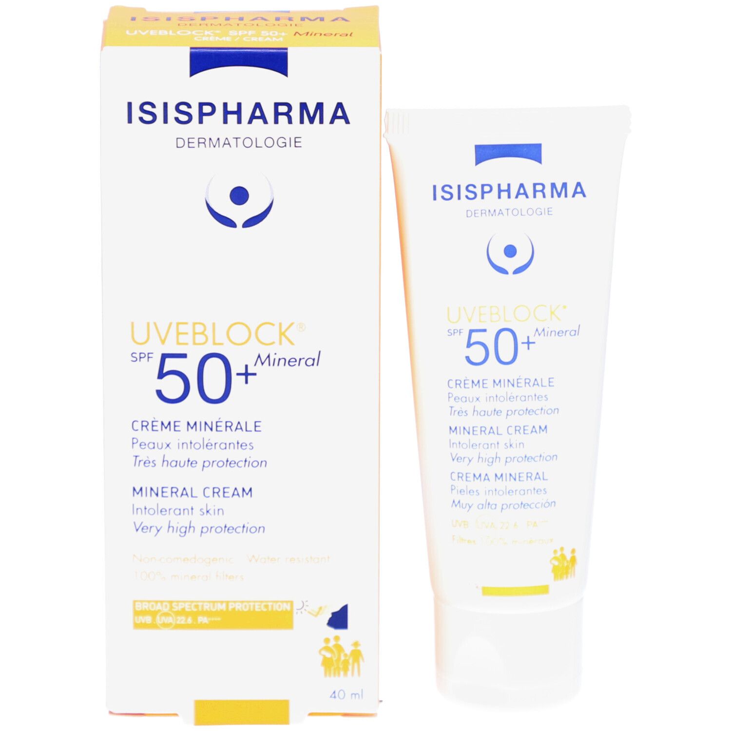 Verpakking en tube. ISISPHARMA UVEBLOCK SPF 50+ Mineral. Witte tube en gele doos.