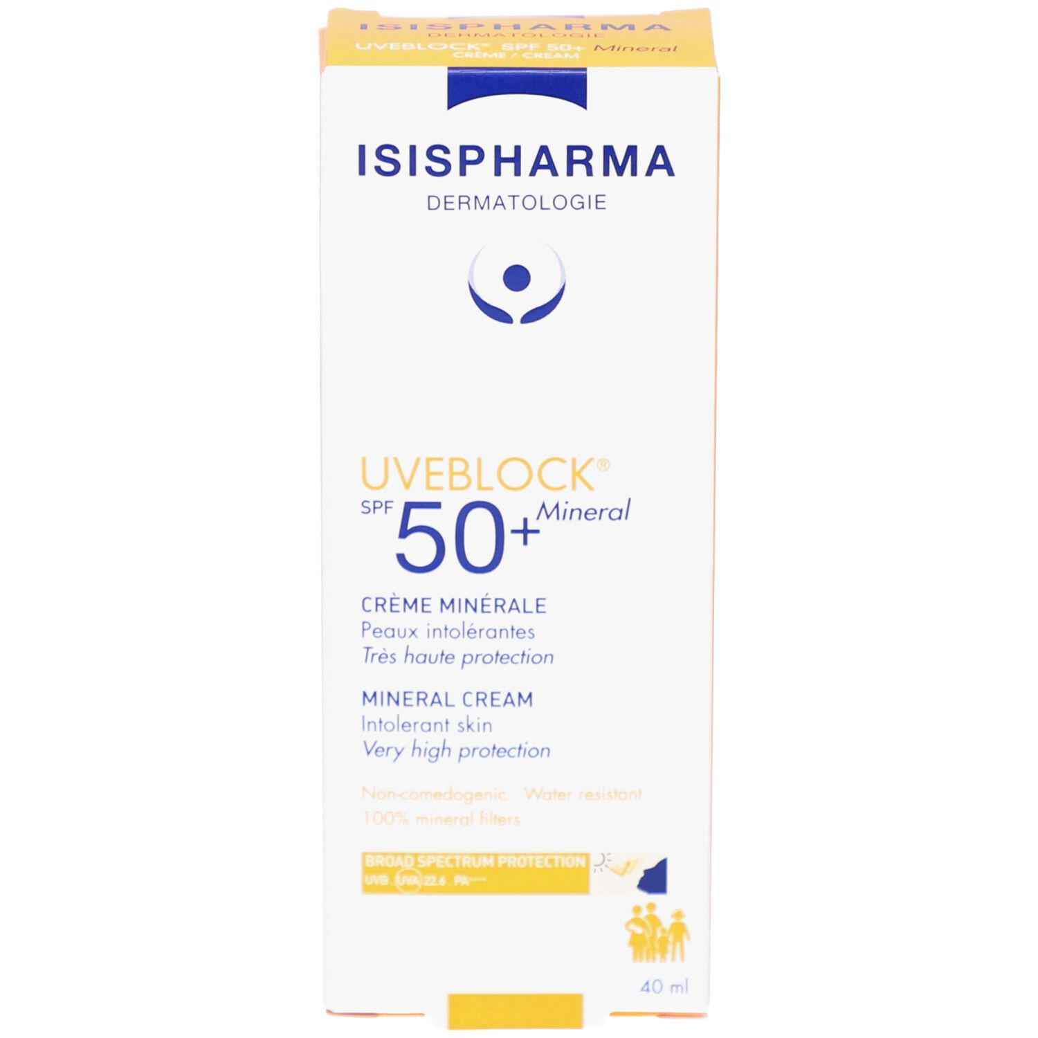 Gele doos met ISISPHARMA UVEBLOCK SPF 50+ Mineral. Meertalige tekst. 40 ml.