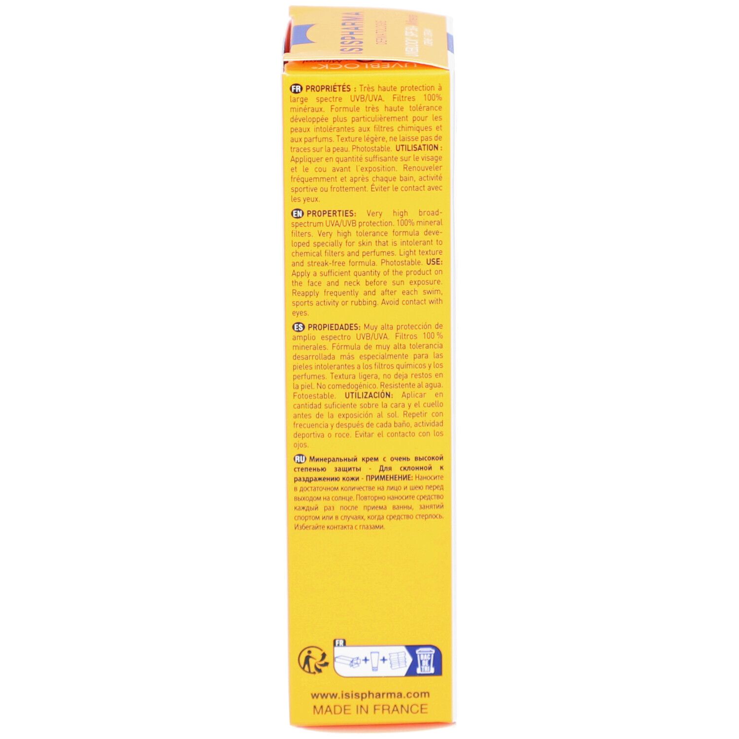 Gele doos, zijaanzicht. Meertalige tekst. Informatie over ingrediënten en gebruik.