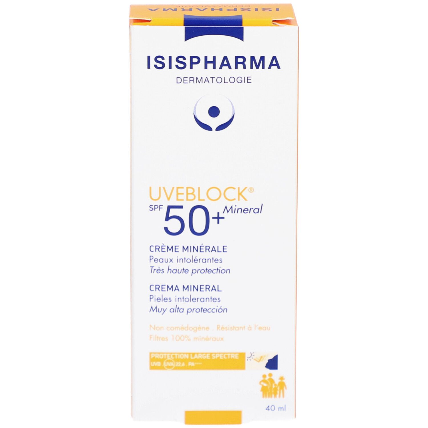 Gele doos met ISISPHARMA UVEBLOCK SPF 50+ Mineral. Meertalige tekst. 40 ml.