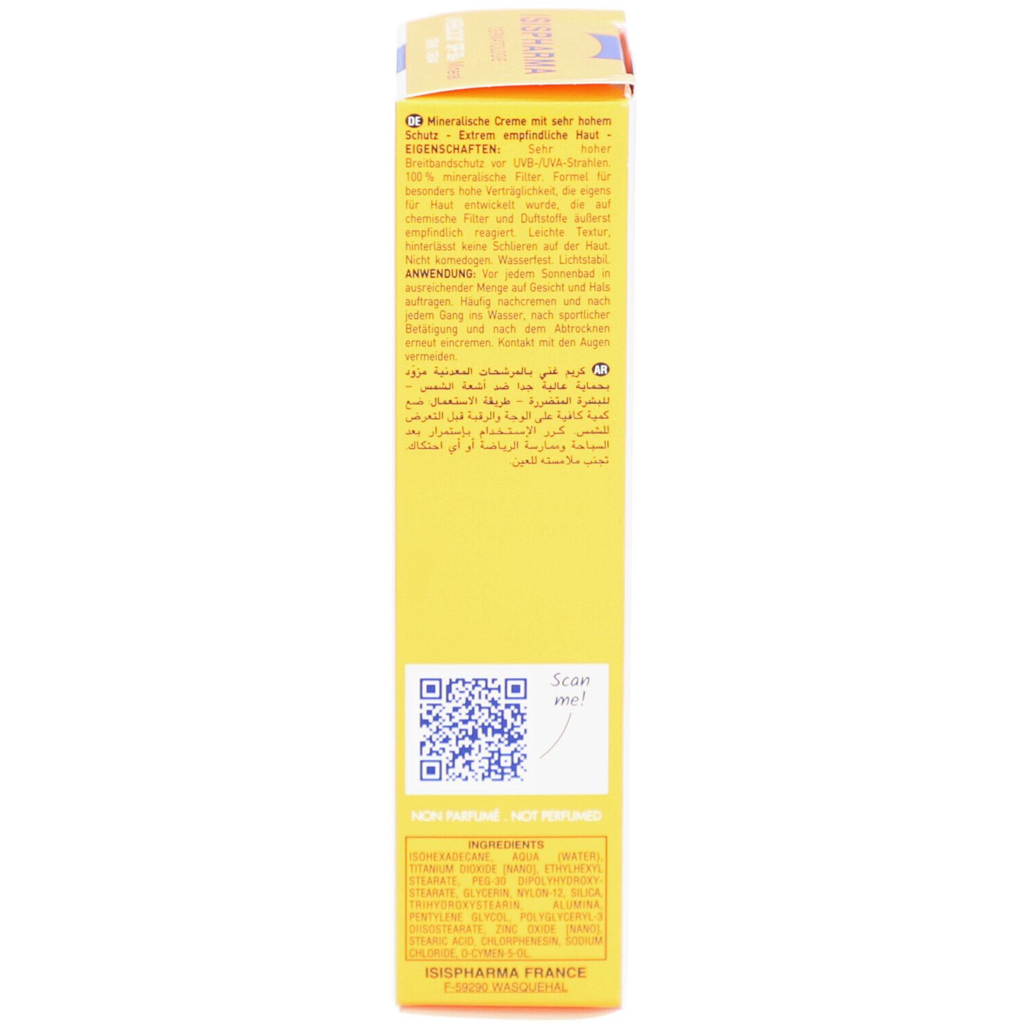 Gele doos, zijaanzicht. Meertalige tekst. Informatie over ingrediënten en gebruik.