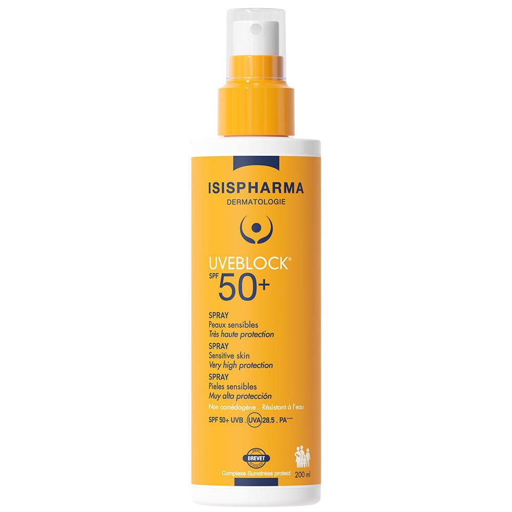 ISISPHARMA Uveblock SPF 50+ zonnebrandspray. Gele fles met sproeikop. Meertalige tekst.
