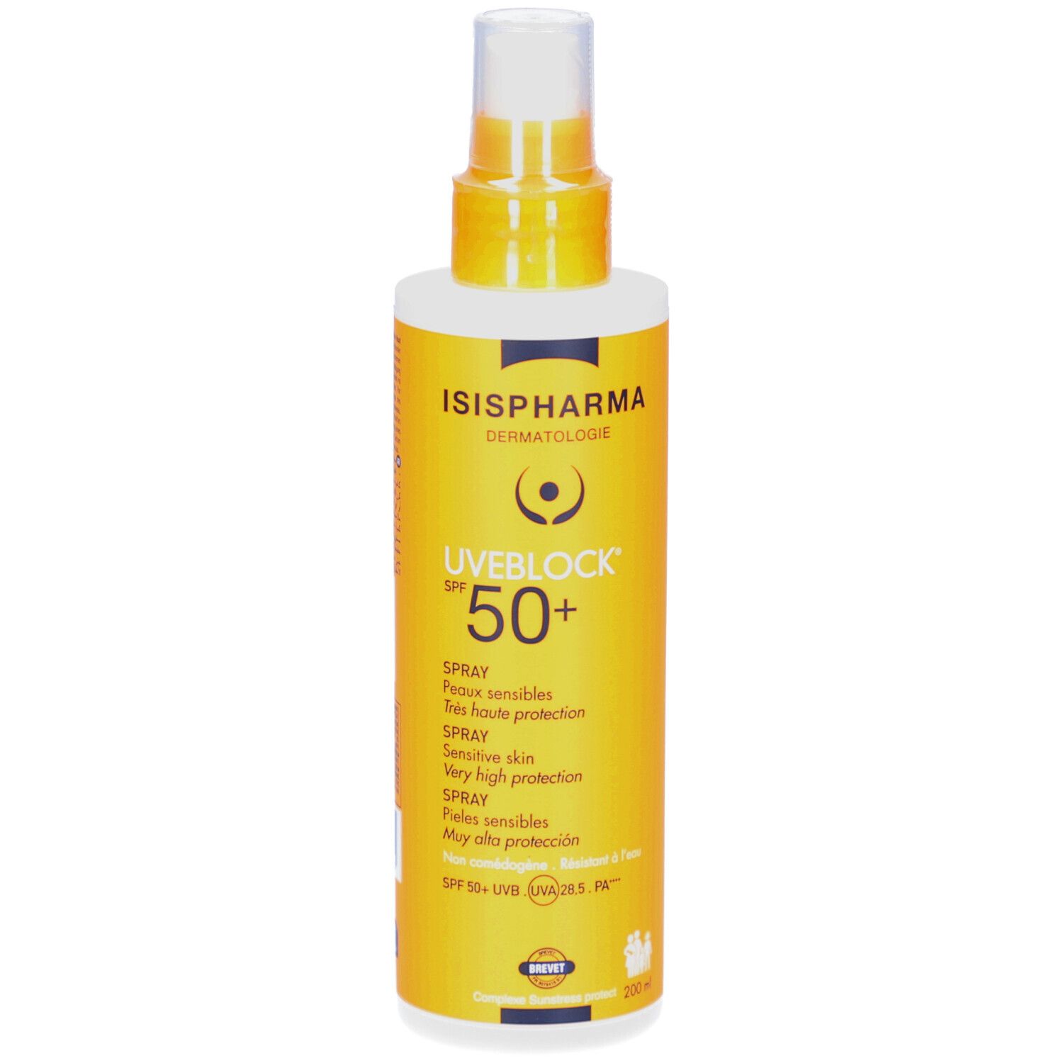 ISISPHARMA Uveblock SPF 50+ zonnebrandspray. Gele fles met sproeikop. Meertalige tekst.