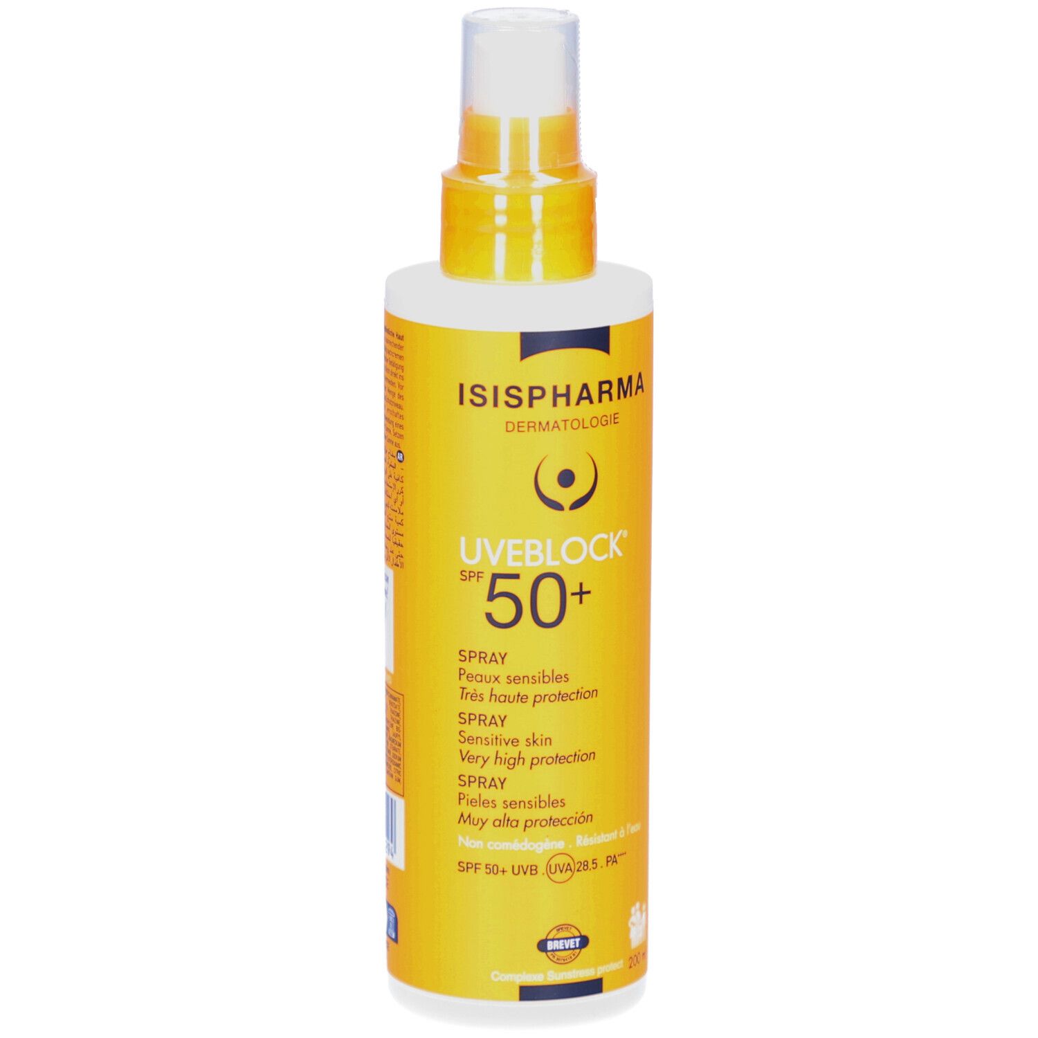 ISISPHARMA Uveblock SPF 50+ zonnebrandspray. Gele fles met sproeikop. Meertalige tekst.