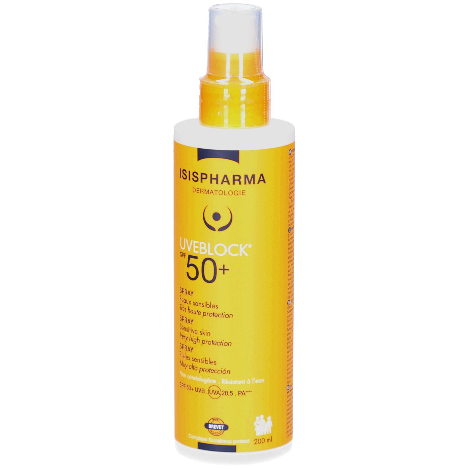 ISISPHARMA Uveblock SPF 50+ zonnebrandspray. Gele fles met sproeikop. Meertalige tekst.