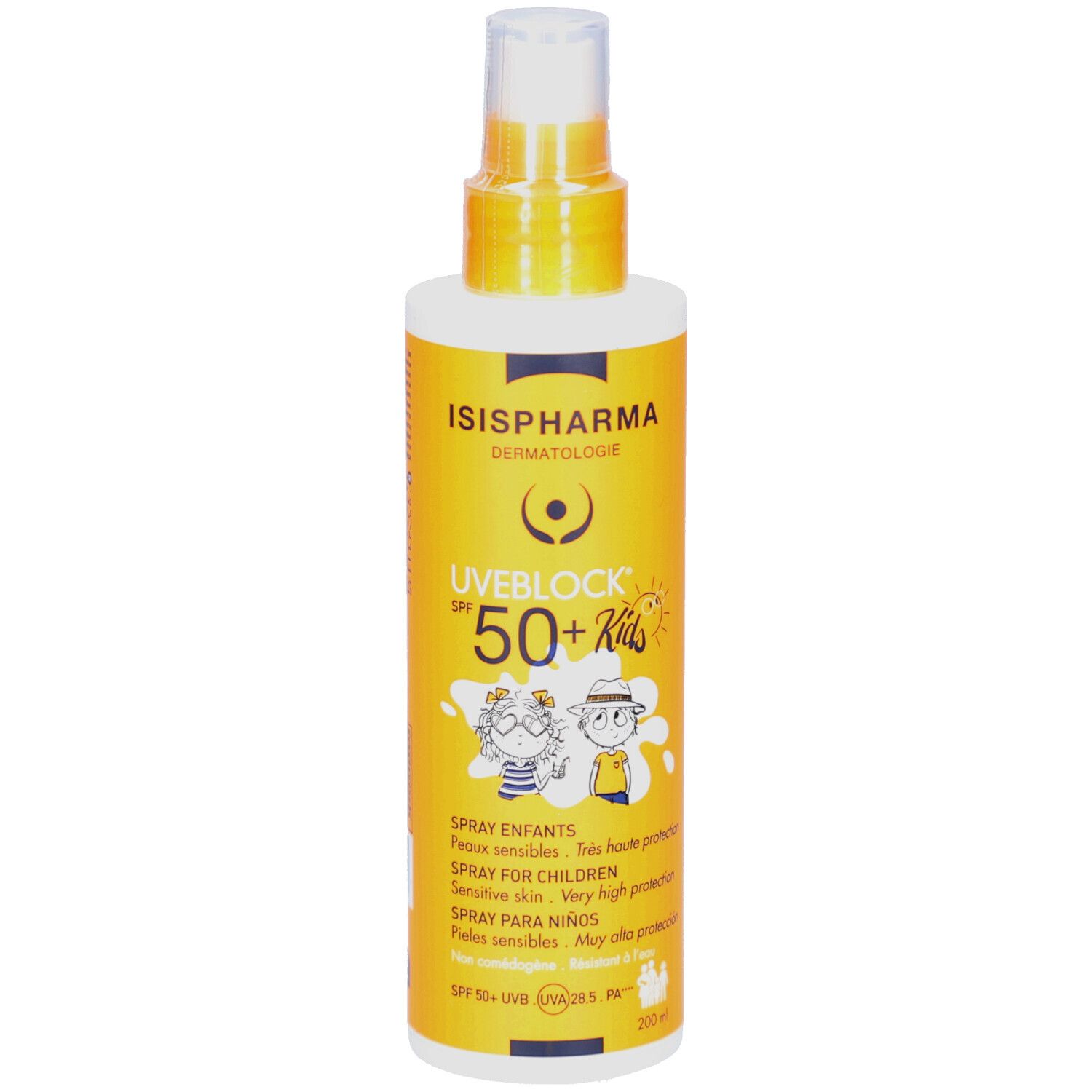 Spray solaire pour enfants. Flacon jaune et blanc avec Uveblock SPF 50+ Kids. Contient 200 ml.