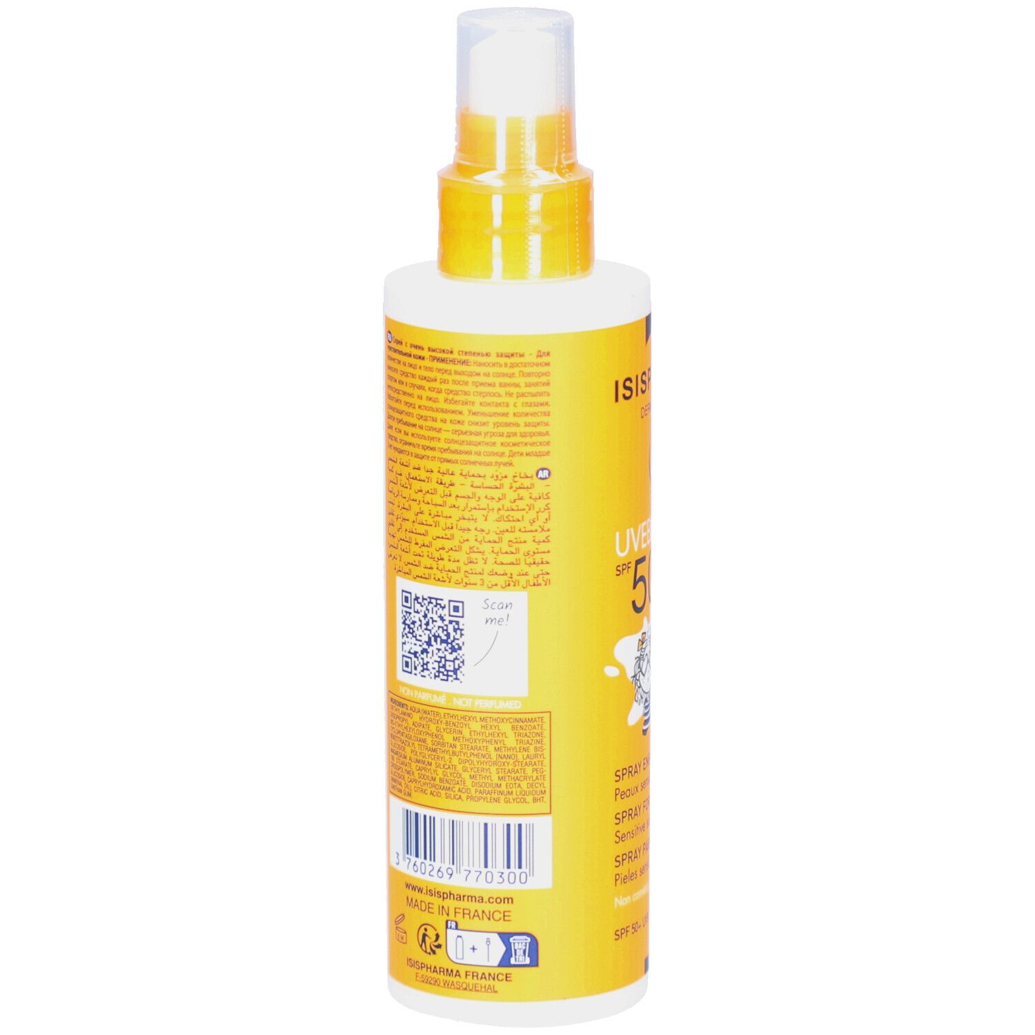 Dos du flacon de spray solaire. Contient du texte et un code-barres. Fabriqué en France.