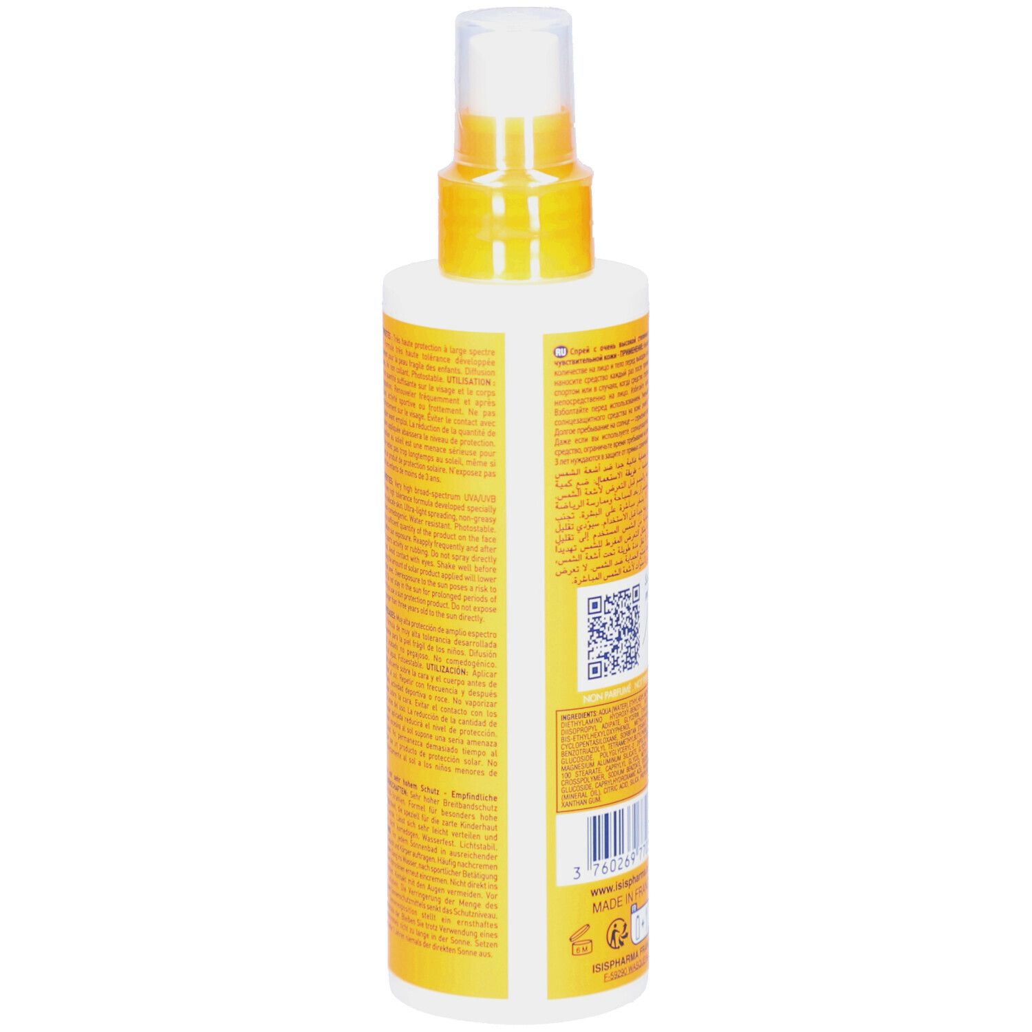 Spray solaire pour enfants. Flacon jaune et blanc avec Uveblock SPF 50+ Kids. Contient 200 ml.