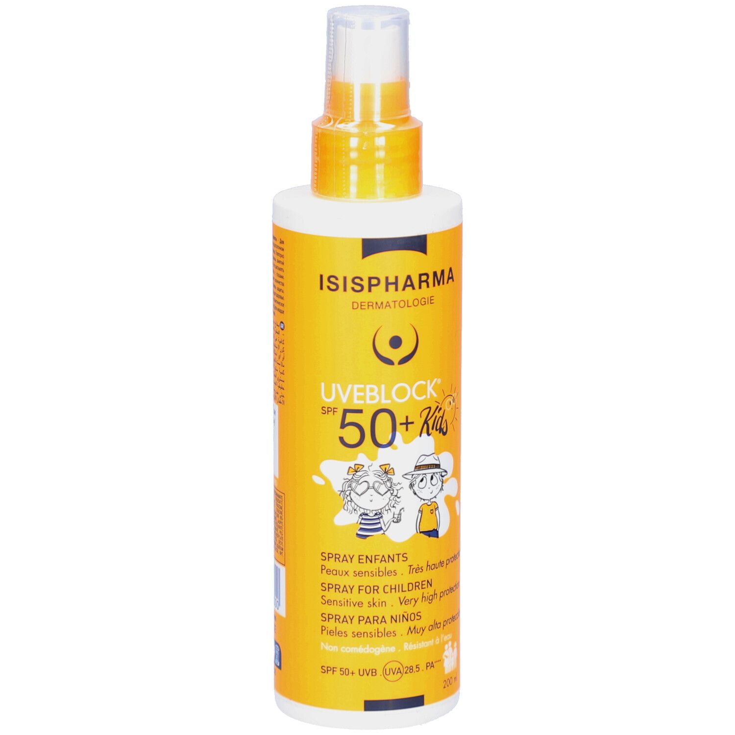 Dos du flacon de spray solaire. Contient du texte et un code-barres. Fabriqué en France.