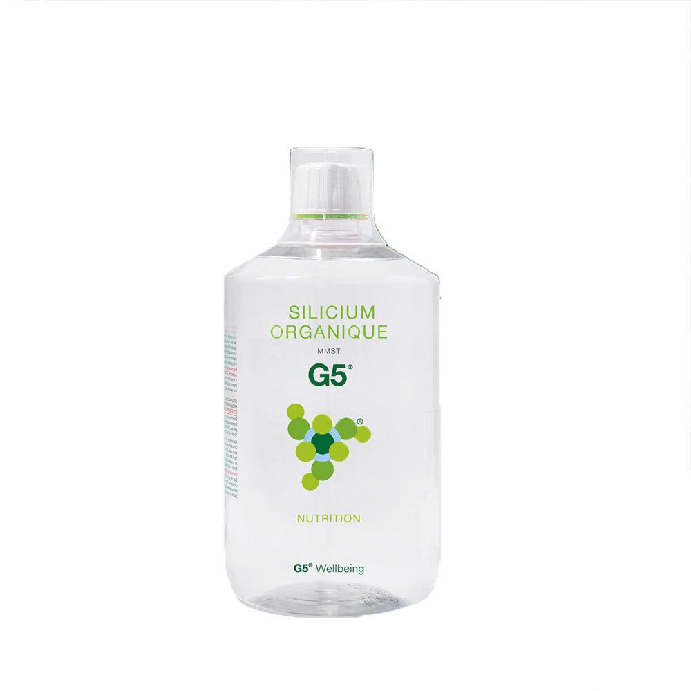 Flacon transparent avec étiquette verte. Inscription: Silicium Organique MMST G5. Nutrition. G5 Wellbeing.
