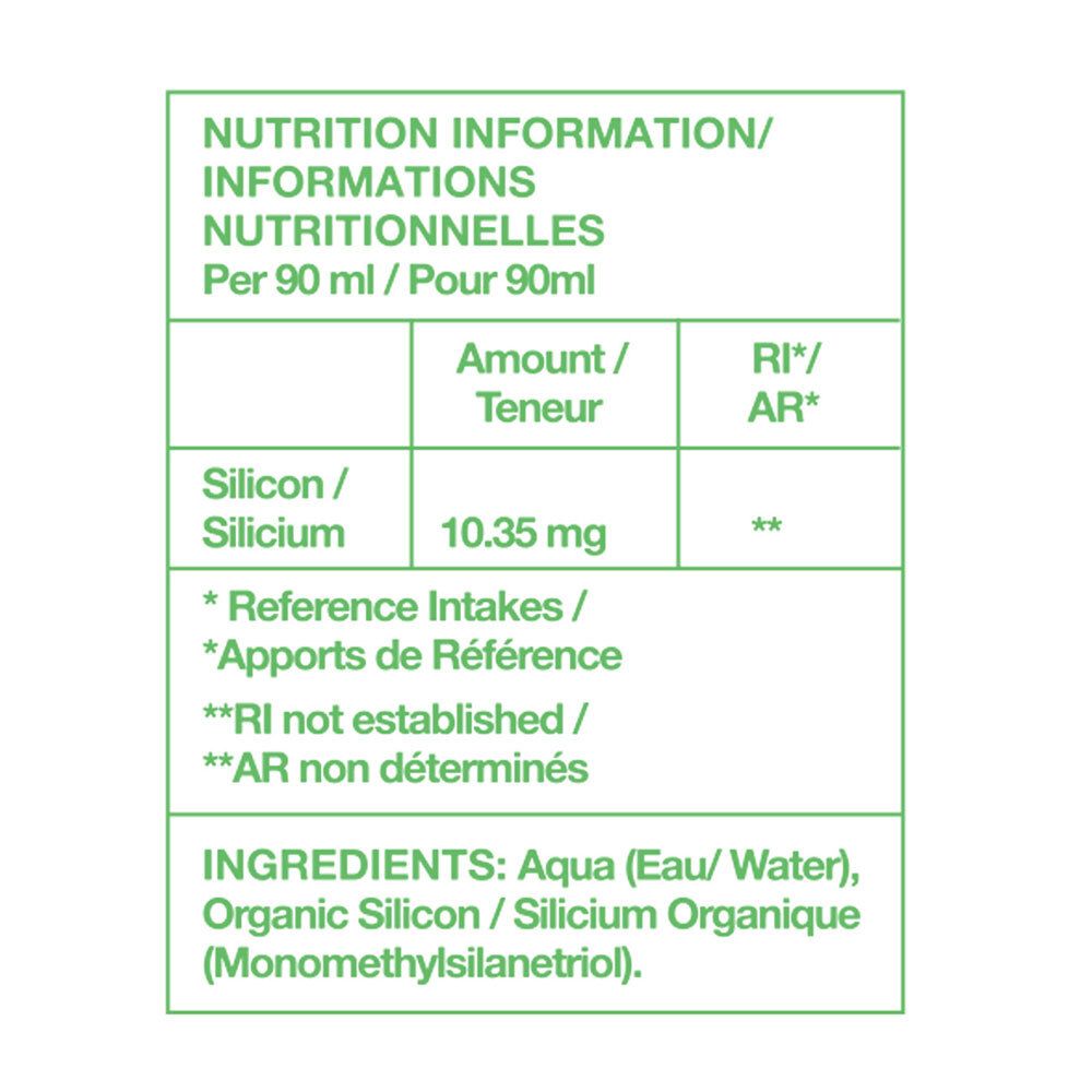 Tableau nutritionnel avec silicium. Contient Aqua, Silicium Organique. Pour 90ml: 10.35 mg Silicium.
