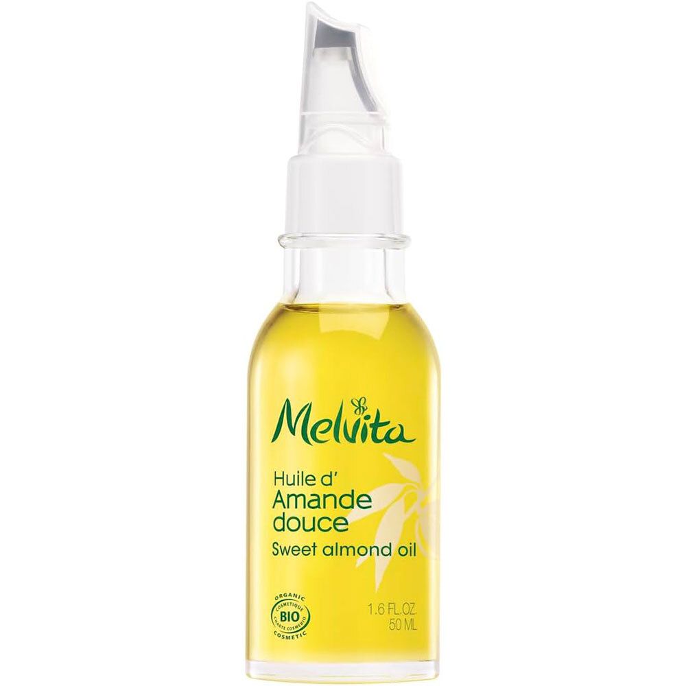 Flacon en verre de Melvita Bio-Mandelöl. Huile d'Amande douce, Sweet almond oil. Bouchon doseur. Label Bio.