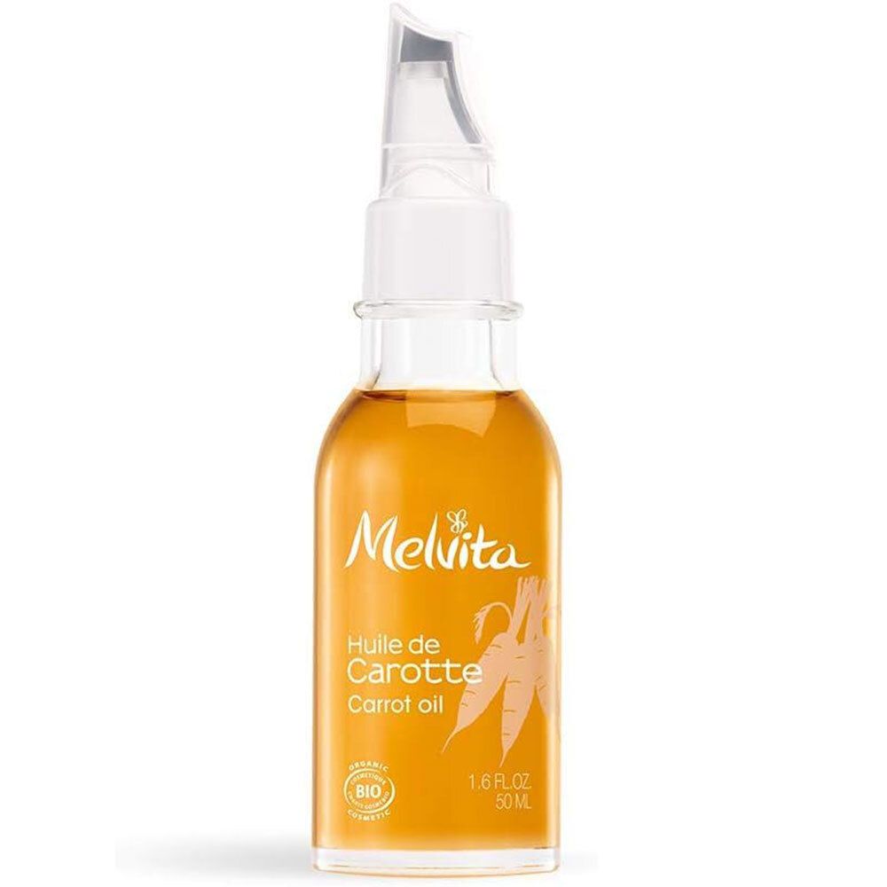 Flacon en verre d'huile orange. Logo Melvita, texte « Huile de Carotte ». Certification BIO.
