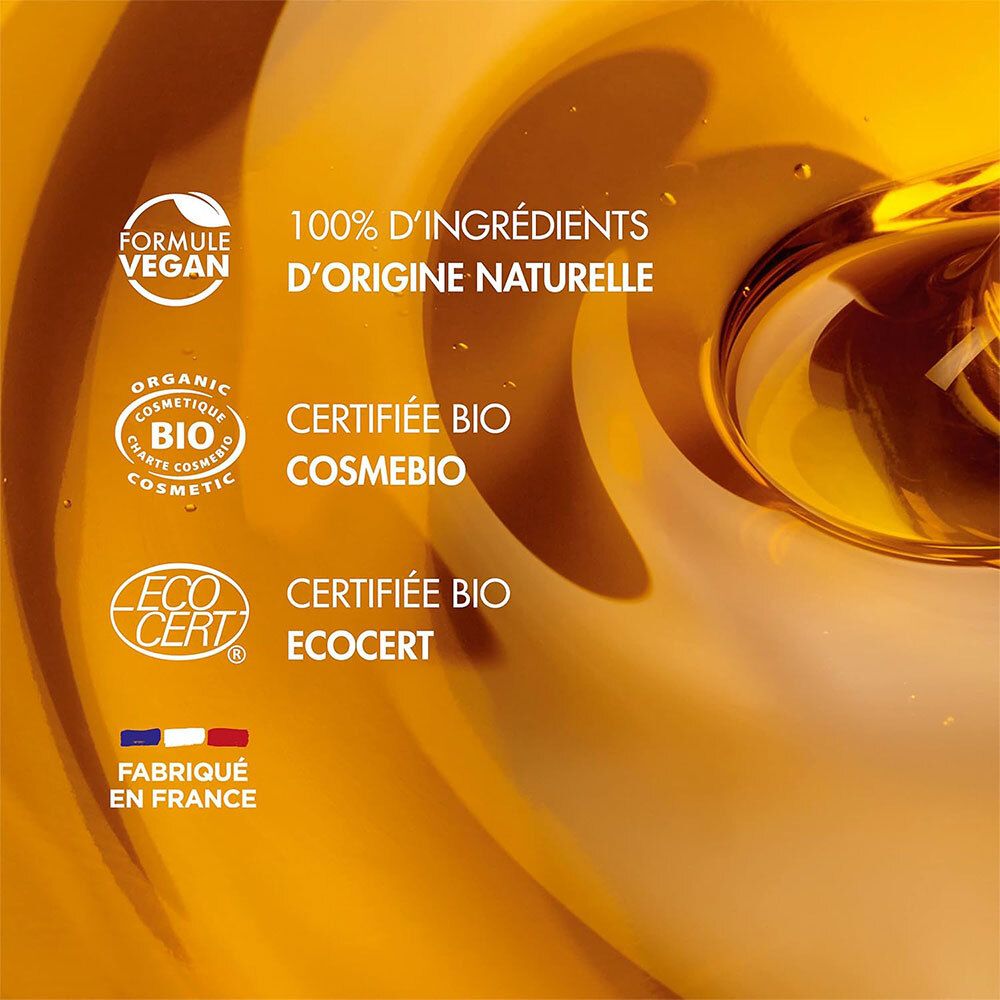 Gros plan sur logos et certifications : Vegan, Cosmebio, Ecocert. Fabriqué en France.