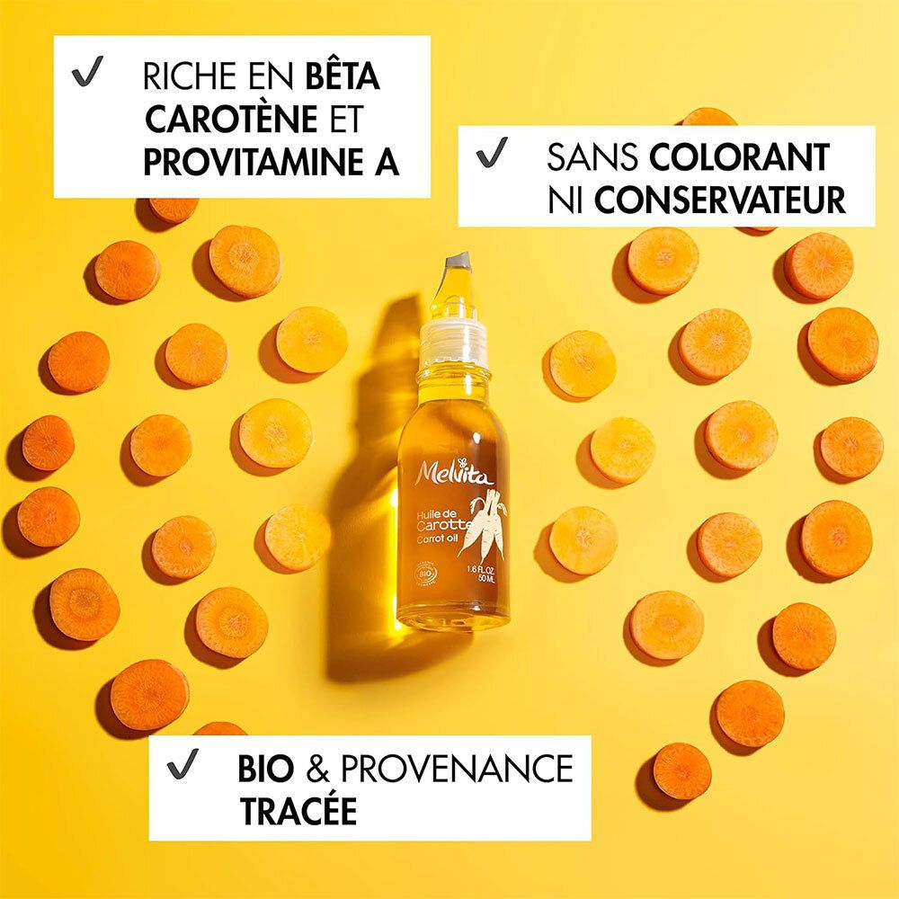 Flacon entouré de carottes. Texte : « Riche en bêta carotène », « Sans colorant ». Certification BIO.