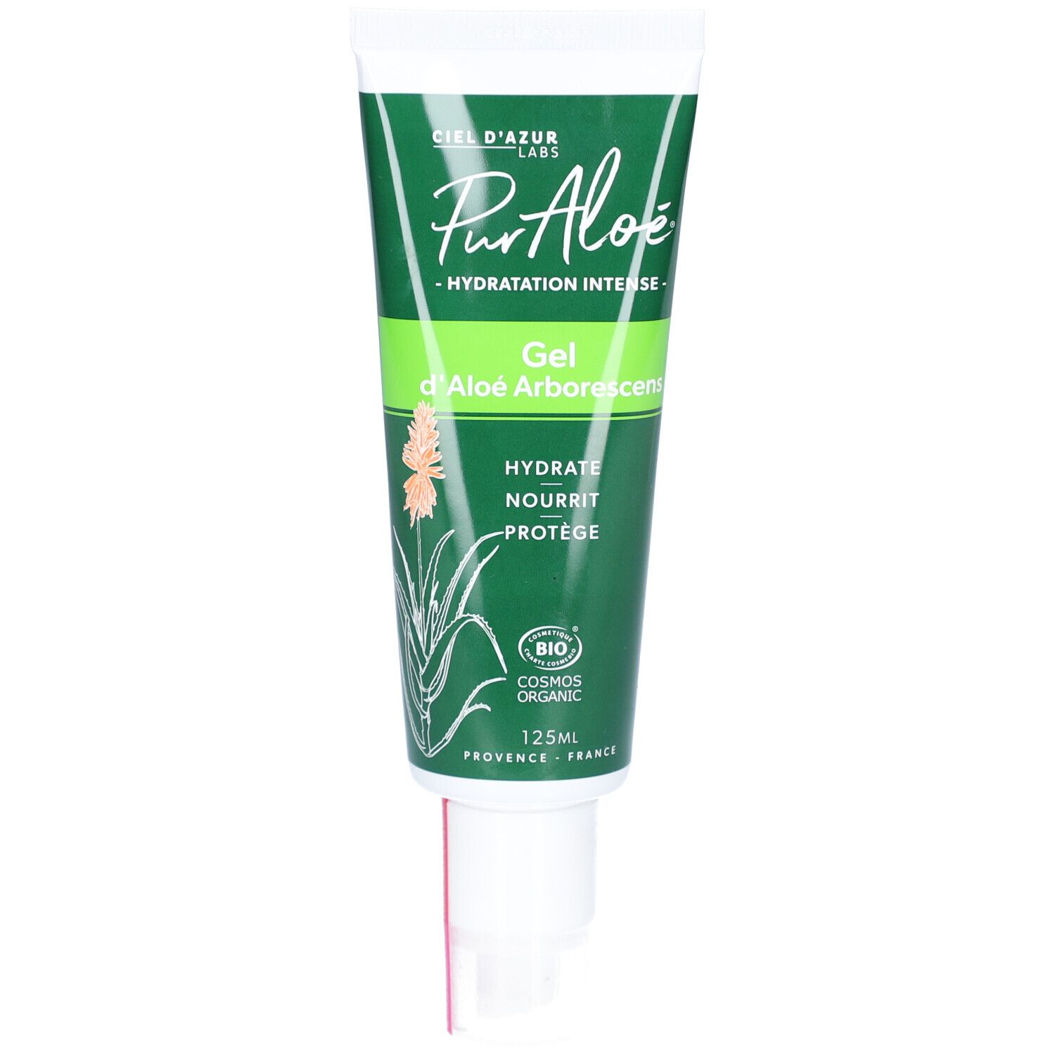 Groene tube CIEL D'AZUR PurAloé Gel. Tekst: Gel d'Aloe Arborescens, Hydratation Intense. Bio-certificering.