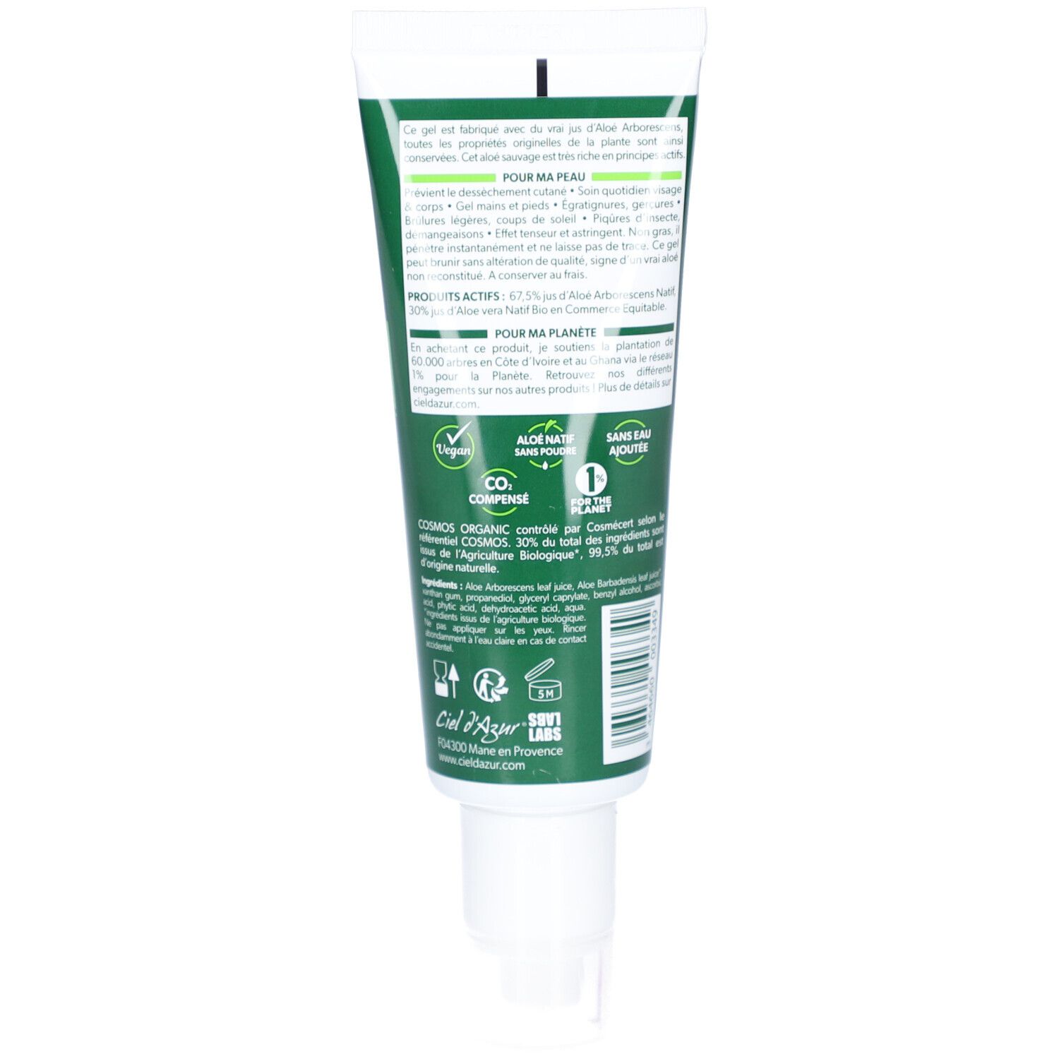 Achterkant groene tube. Tekst: CIEL D'AZUR, productinformatie, Bio-certificering, CO2-compensatie.