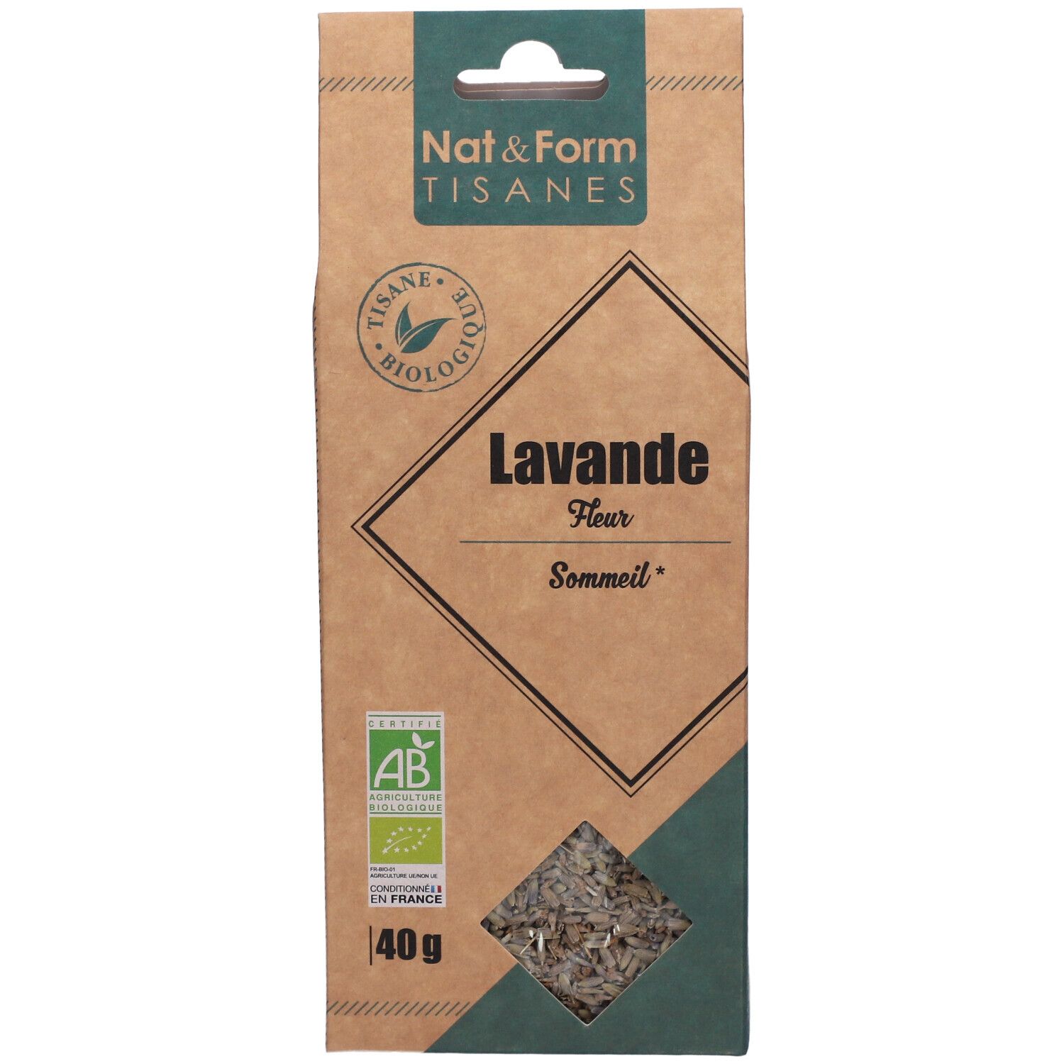 Bruine verpakking met lavendelbloemen. Tekst: Lavande Fleur Sommeil. Logo's: AB, Bio. Venster met bloemen. 40g.