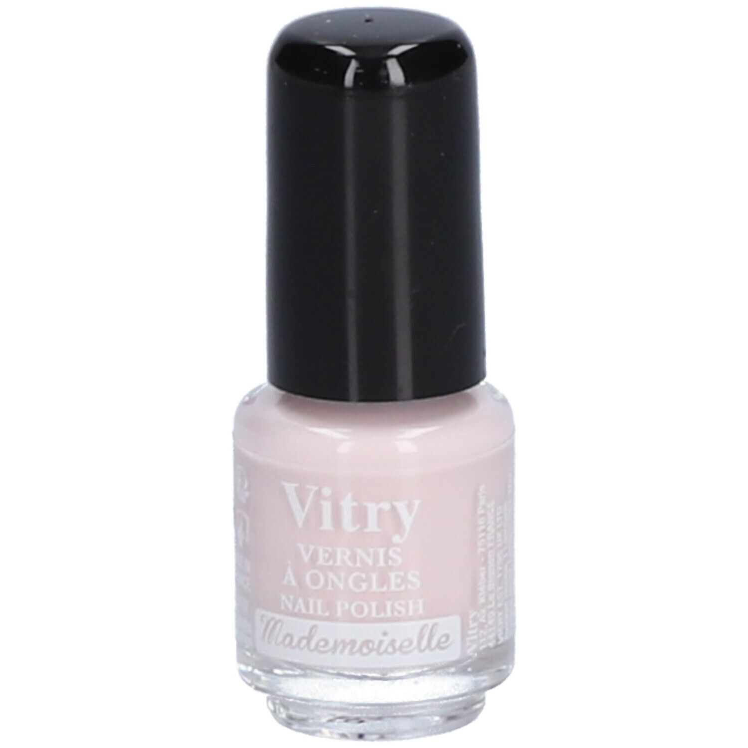 Nagellakflesje met zwarte dop. De lak is roze. Opschrift: Vitry, Vernis à Ongles, Nail Polish, Mademoiselle.