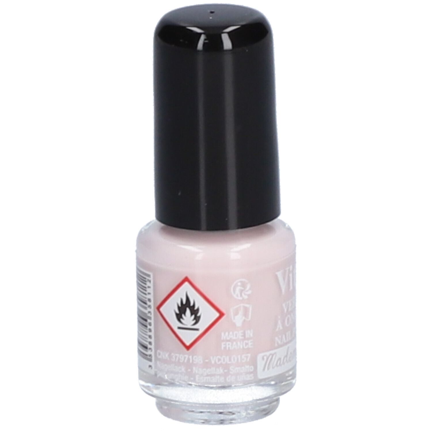 Nagellakflesje met zwarte dop. De lak is roze. Opschrift: Vitry, Vernis à Ongles, Nail Polish, Mademoiselle. Gevaarsymbool.
