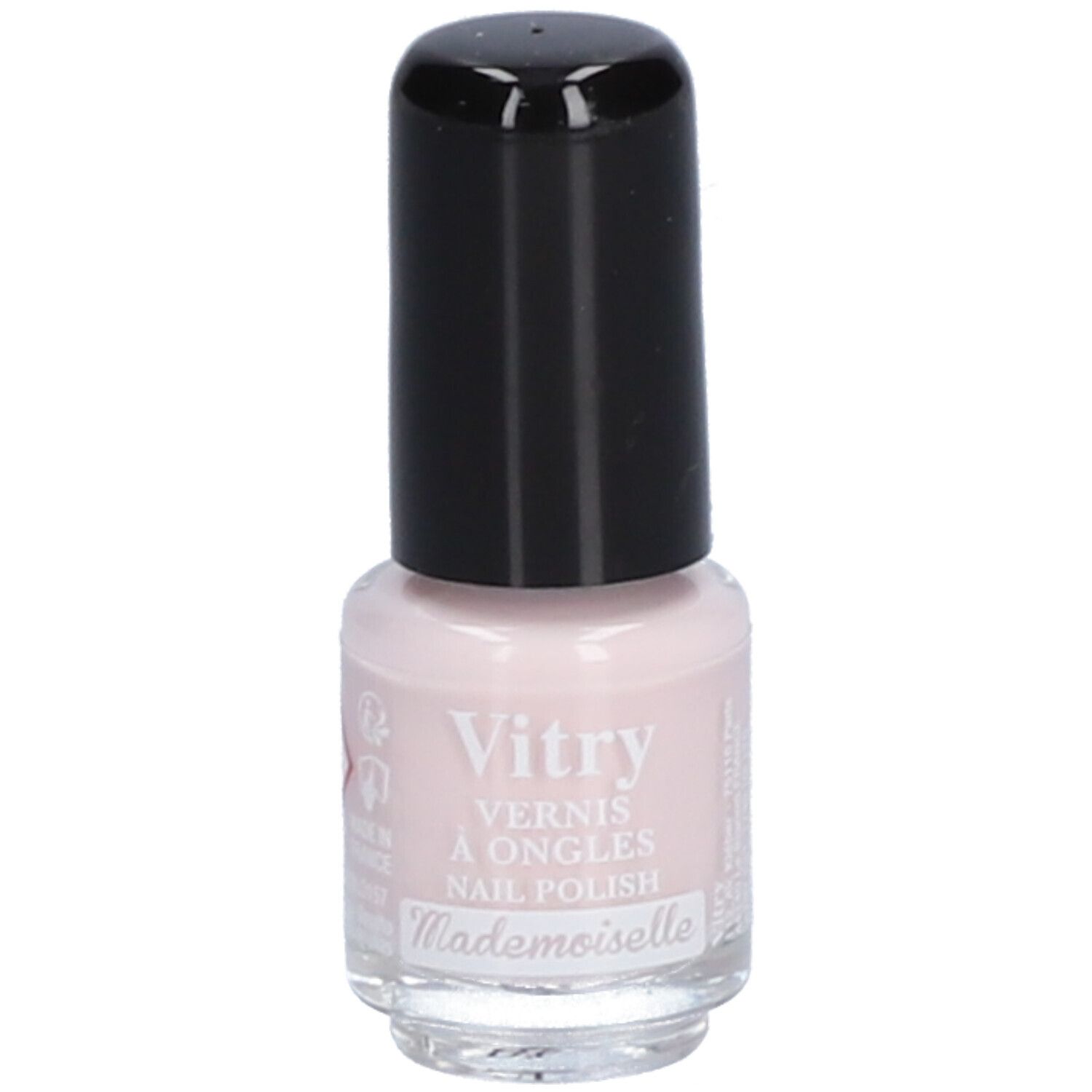 Nagellakflesje met zwarte dop. De lak is roze. Opschrift: Vitry, Vernis à Ongles, Nail Polish, Mademoiselle.