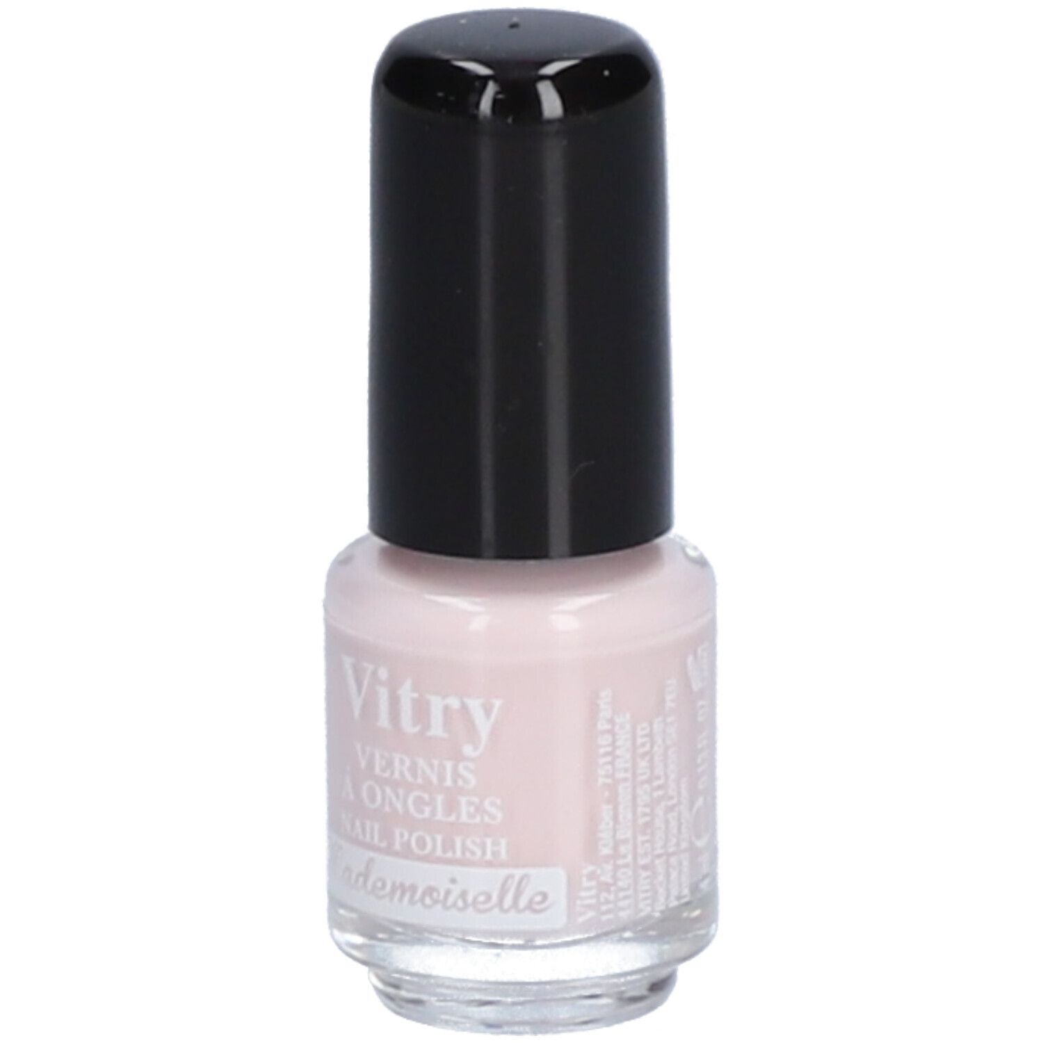 Nagellakflesje met zwarte dop. De lak is roze. Opschrift: Vitry, Vernis à Ongles, Nail Polish, Mademoiselle.