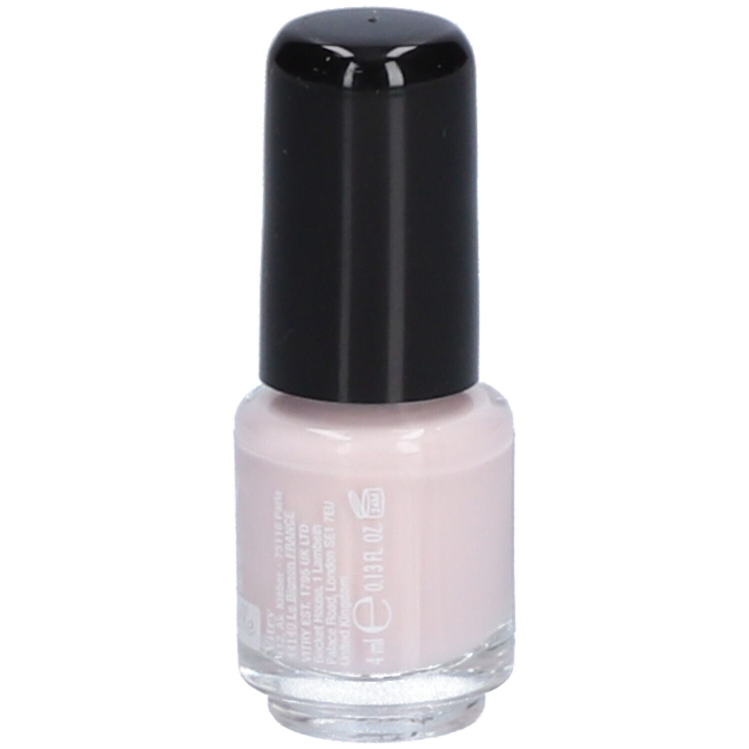 Nagellakflesje met zwarte dop. De lak is roze. Opschrift: Vitry, Vernis à Ongles, Nail Polish, Mademoiselle. Volume: 4 ml.