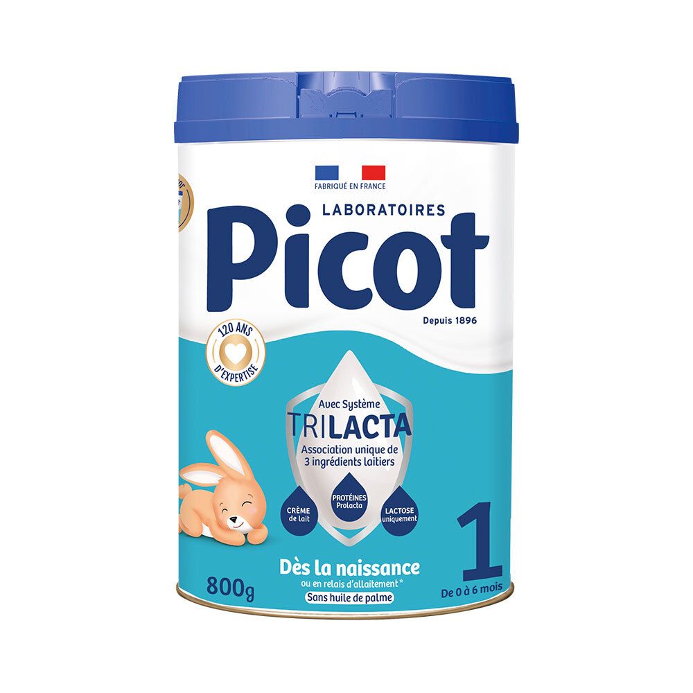 Blauwe blik Picot 1, babymelk. Logo, tekst en illustratie van konijn. 800g.