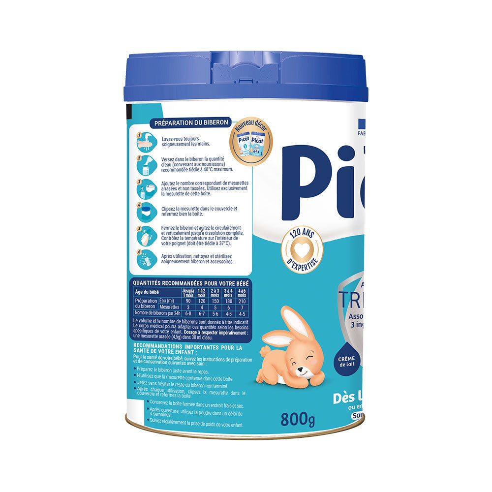 Achterkant van de Picot 1-blik. Tekst, illustraties en voedingswaarde. 800g.