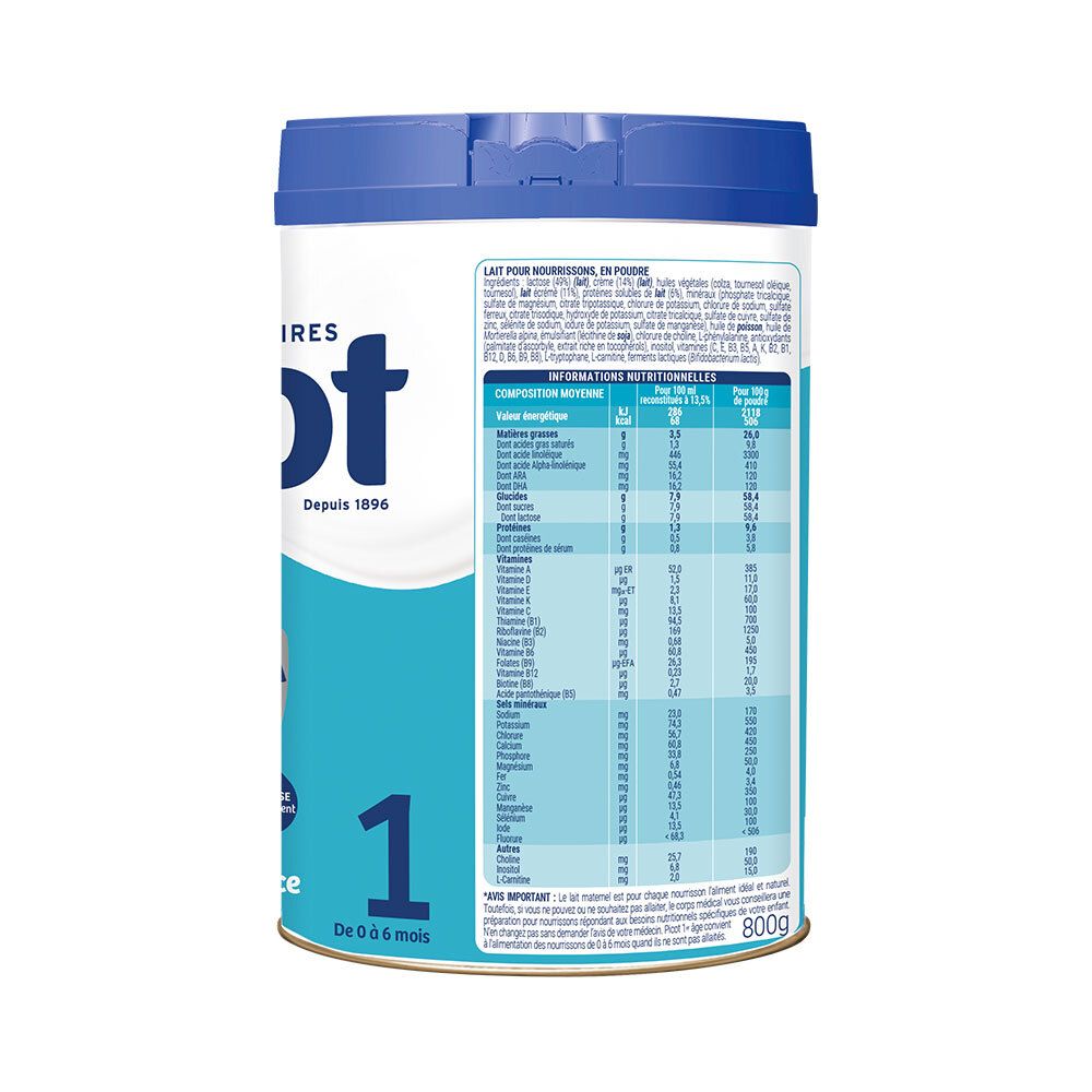 Achterkant van de Picot 1-blik. Voedingswaarde en ingrediënten. 800g.