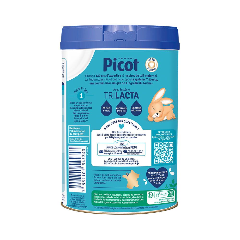 Achterkant van de Picot 1-blik. Tekst, QR-code en illustratie van konijn. 800g.