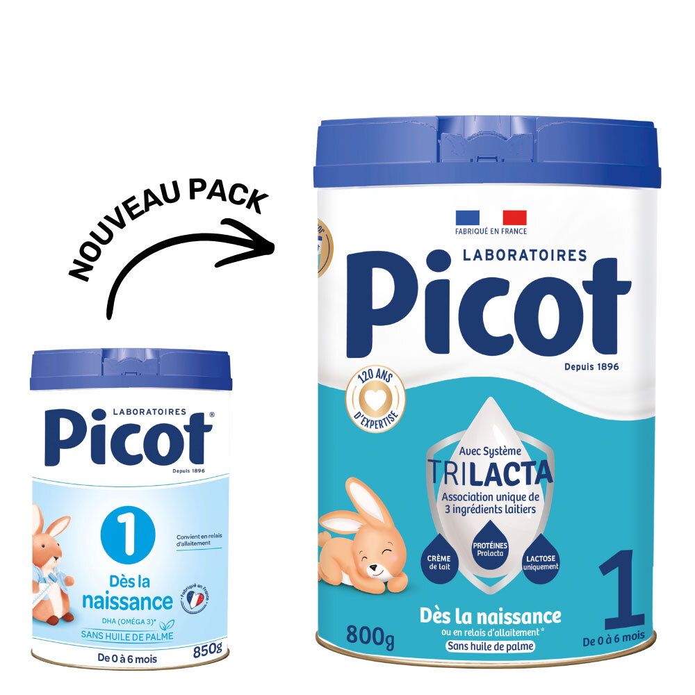 Picot 1-blik en kleiner blik. Blauw, met tekst en logo. 800g en 850g.