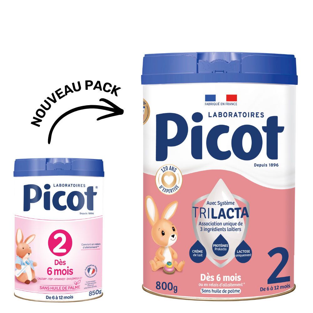 Twee bussen. Een kleine en een grote. Opschrift Picot 2ème âge. Met logo en tekst.